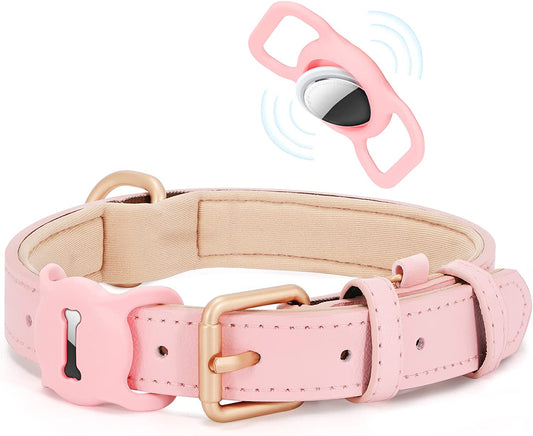 WHIPPY Airtag Leather Dog Collar GPS Tracker Air Tag Puppy Collar Adjustable Soft Leather Padded Dog Collar with Airtag Holder Case for Small Medium Large Dog Pet Backpack,Pink,M  WHIPPY   