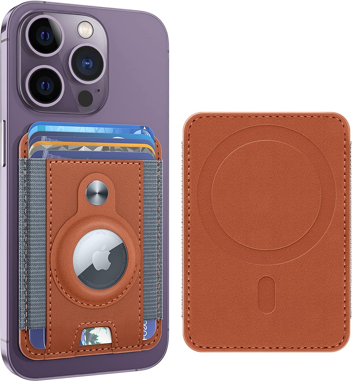 Magnetic Wallet Card Holder with Airtag Holder, Mag Safe Card Holder Airtag Wallet for Iphone 14 Pro Max/14Pro/14/13/12, Airtag Mag-Safe Wallet Leather for Back of Iphone 14/13/12 Series, Midnight  RUWGT C-Brown  