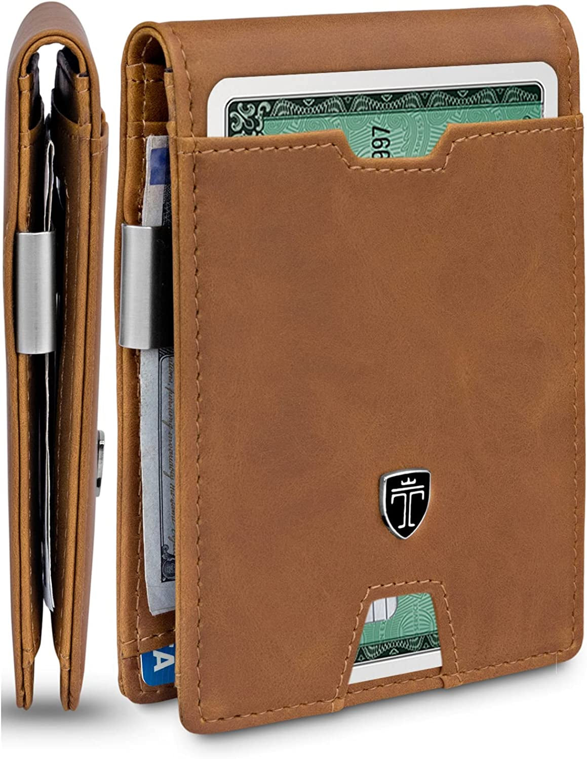 TRAVANDO Mens Slim Wallet with Money Clip AUSTIN RFID Blocking Bifold Credit Card Holder for Men with Gift Box  TRAVANDO Cognac Brown  