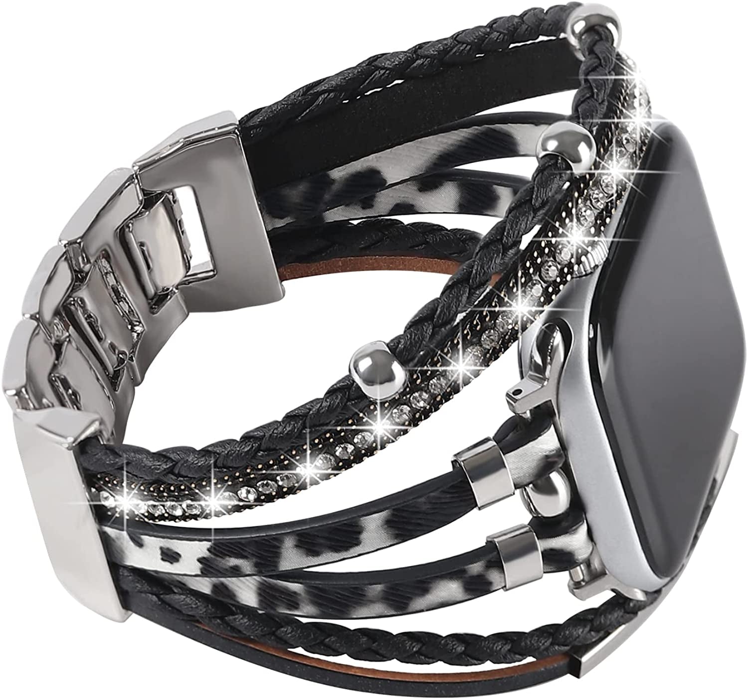 WONMILLE Posh Leather Bands Compatible with Apple Watch 41Mm 40Mm 38Mm 45Mm 44Mm 42Mm 49Mm Women, Boho Bracelets Jewelry Multilayer Wrap Strap for Iwatch Series Ultra 8 7 6 5 4 3 2 1 SE  WONMILLE Black White with Silver 38mm/40mm/41mm 