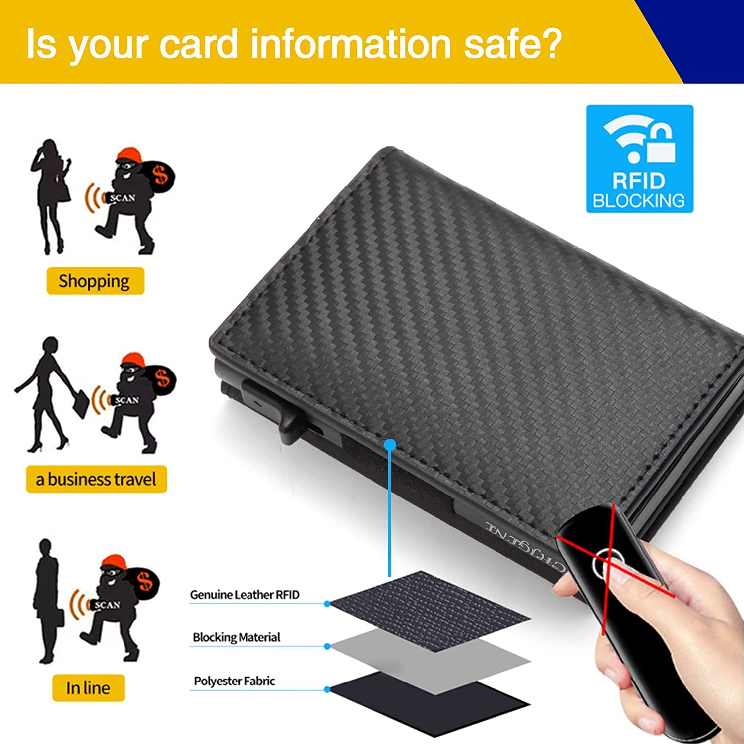 CHJGLNL Genuine Leather Slim Wallet for Men, Pop up Wallet RFID Blocking Money Credit Card Holder Minimalist Smart Wallet Ideal for Men'S Gift  CHJGLNL   