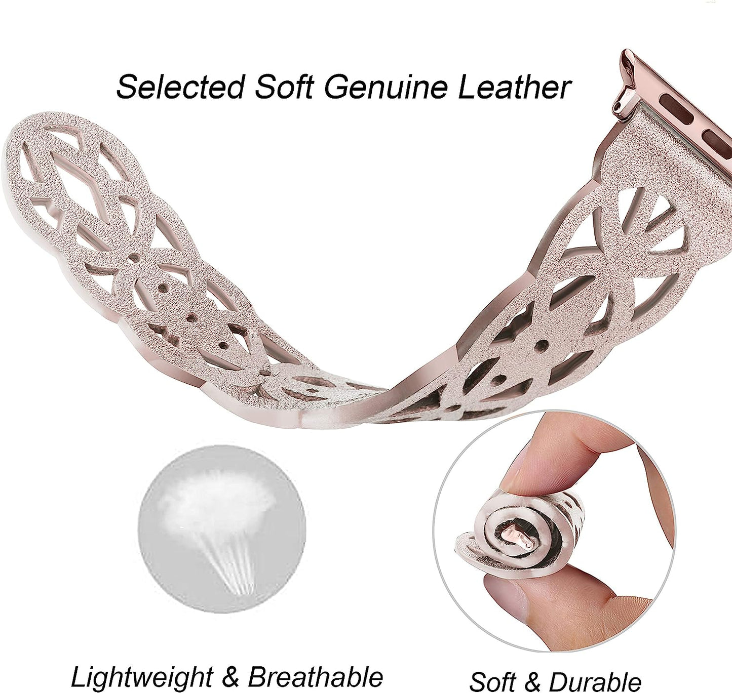 Secbolt Hollowed-Out Leather Band Compatible with Apple Watch 38Mm 40Mm 41Mm 42Mm 44Mm 45Mm Iwatch Series 8/7/6/SE/5/4/3/2/1, Elegant Top-Grain Leather Wristband Strap Accessories for Women  Secbolt   