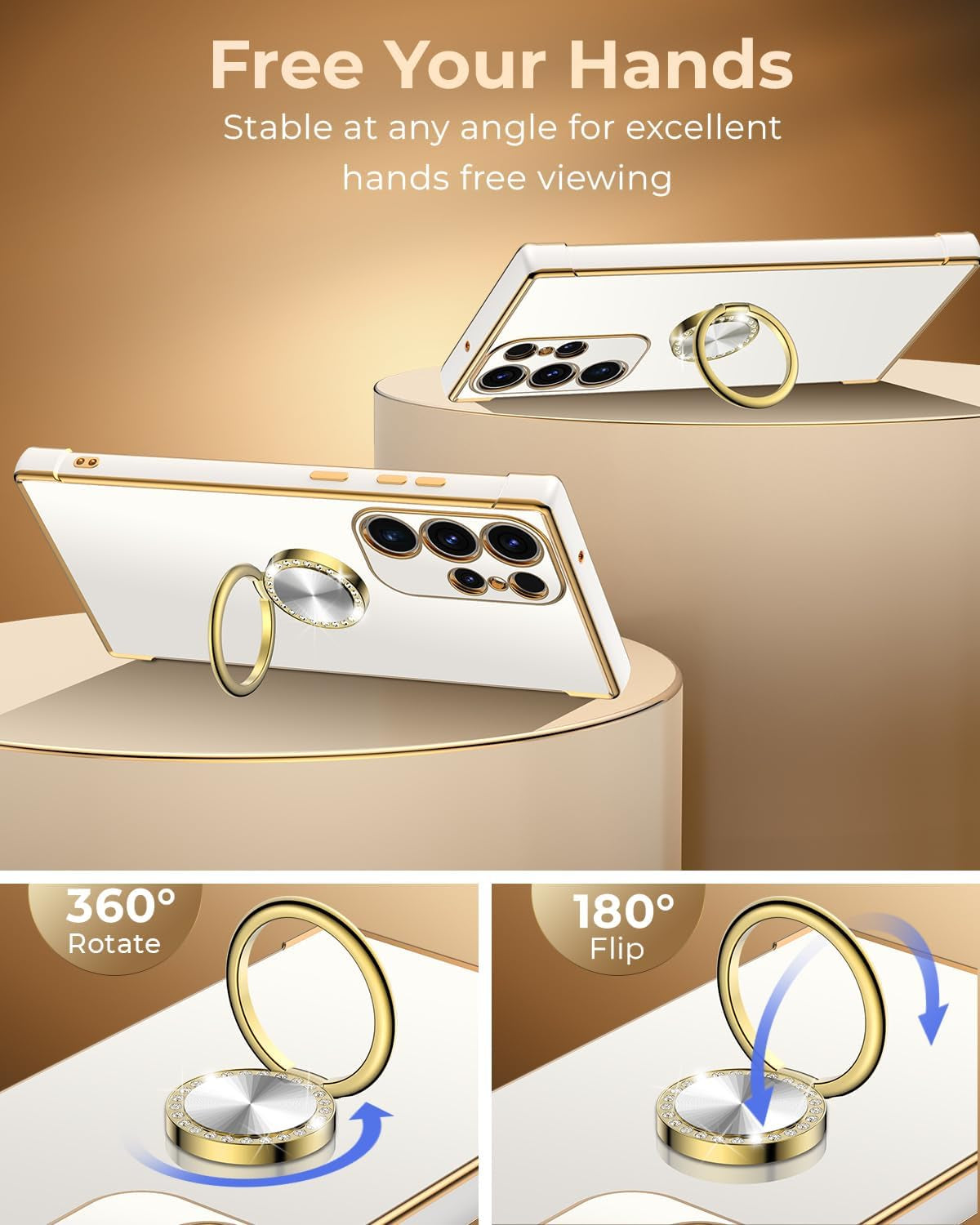 Miss Arts for Samsung Galaxy S22 Ultra Case, Ring Holder Stand Luxury Bling Electroplated Phone Case with Strap, Cute Soft TPU for Samsung S22 Ultra Cover for Women Girls, White  Miss Arts inc   