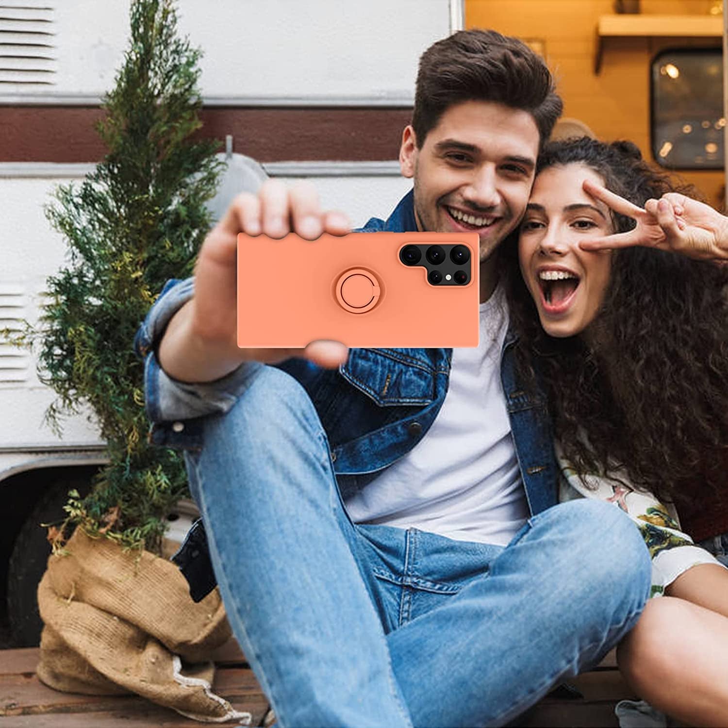 DUEDUE for Samsung Galaxy S22 Ultra 5G Case, Liquid Silicone Slim Soft Gel Rubber Cover with Ring Kickstand Car Mount Function Shockproof Protective Phone Case for Samsung S22 Ultra 6.8", Orange  DUEDUE   