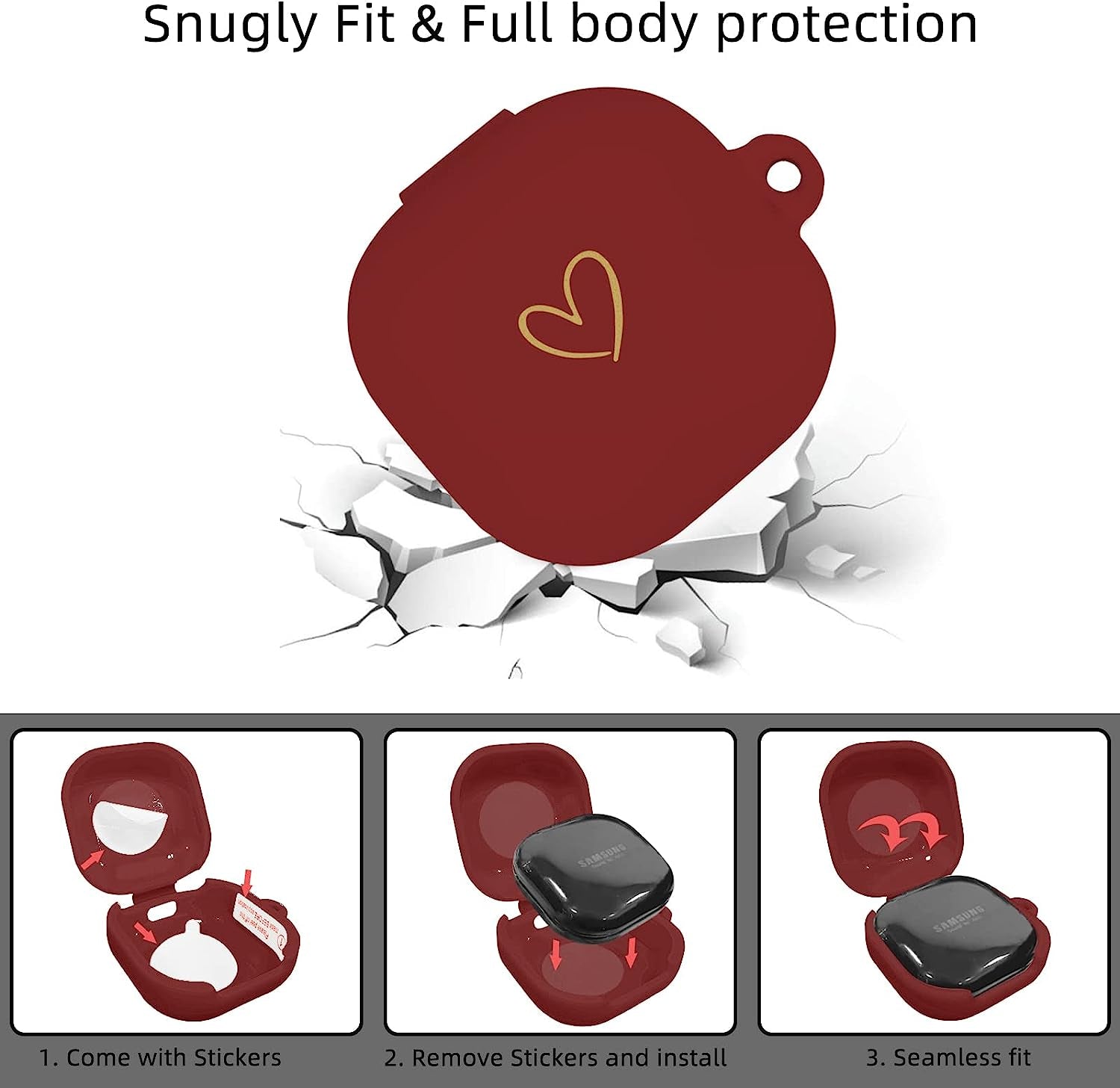 AIIEKZ Compatible with Samsung Galaxy Buds 2 / Buds Pro/Buds Live/Buds 2 Pro, Soft Silicone Case with Gold Heart Pattern with Cute Butterfly Keychain for Girls Women (Burgundy)  AIIEKZ   