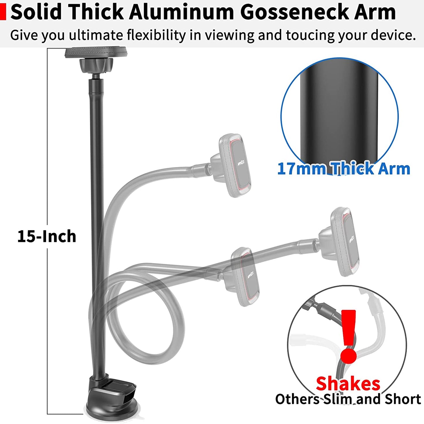 Windshield Car Phone Mount Long Arm, Apps2Car 13 Inches Gooseneck Magnetic Window Mobile Holder for Truckers Drivers Semi Truck SUV MPV Vehicle Compatible with All Iphone Samsung Phones Ipad Mini  Wiiki-Tech   