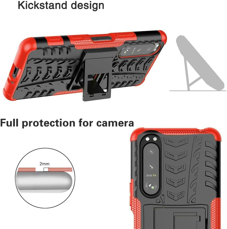 Asuwish Phone Case for Sony Xperia 5 III 3 / Xperia5Iii 5G with Tempered Glass Screen Protector and Slim Stand Hybrid Heavy Duty Rugged Protective Cell Cover Experia 5III 5G XQ-BC72 Women Men Red  Asuwish   