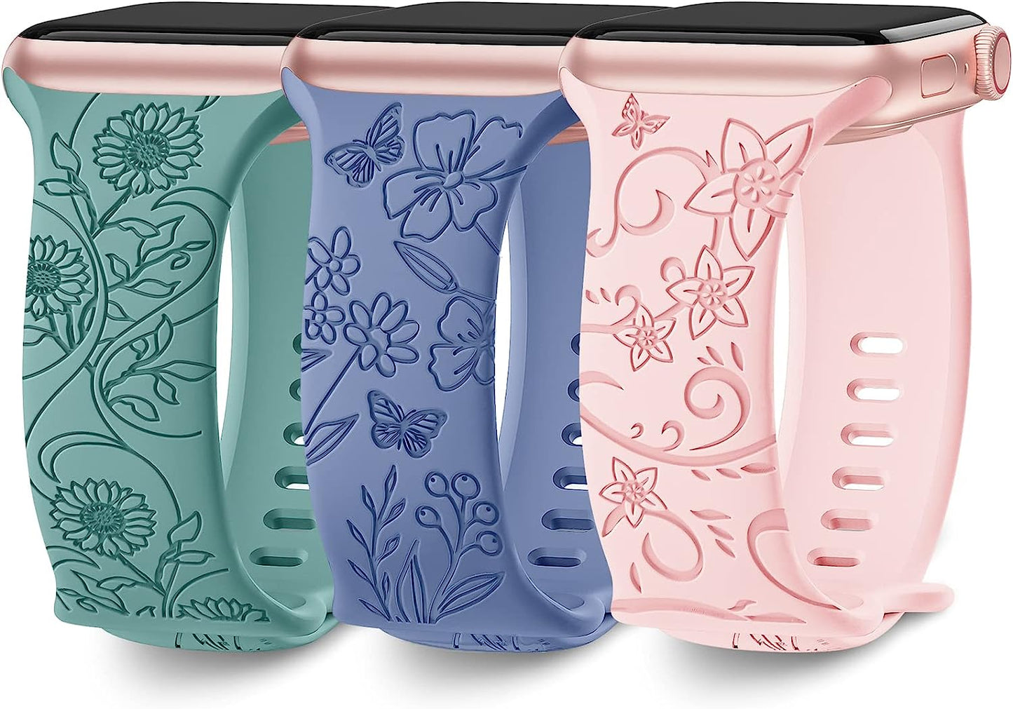 3 Pack Floral Engraved Bands Compatible with Apple Watch Band 40Mm 41Mm 38Mm 42Mm 44Mm 45Mm 49Mm Women,Soft Silicone Cute Wildflowers Sport Laser Strap for Iwatch Bands Series Ultra SE 8 6 5 4 3 2 1  AMSKY Lavender Grey/Baby Pink/Cactus 38/40/41 mm 