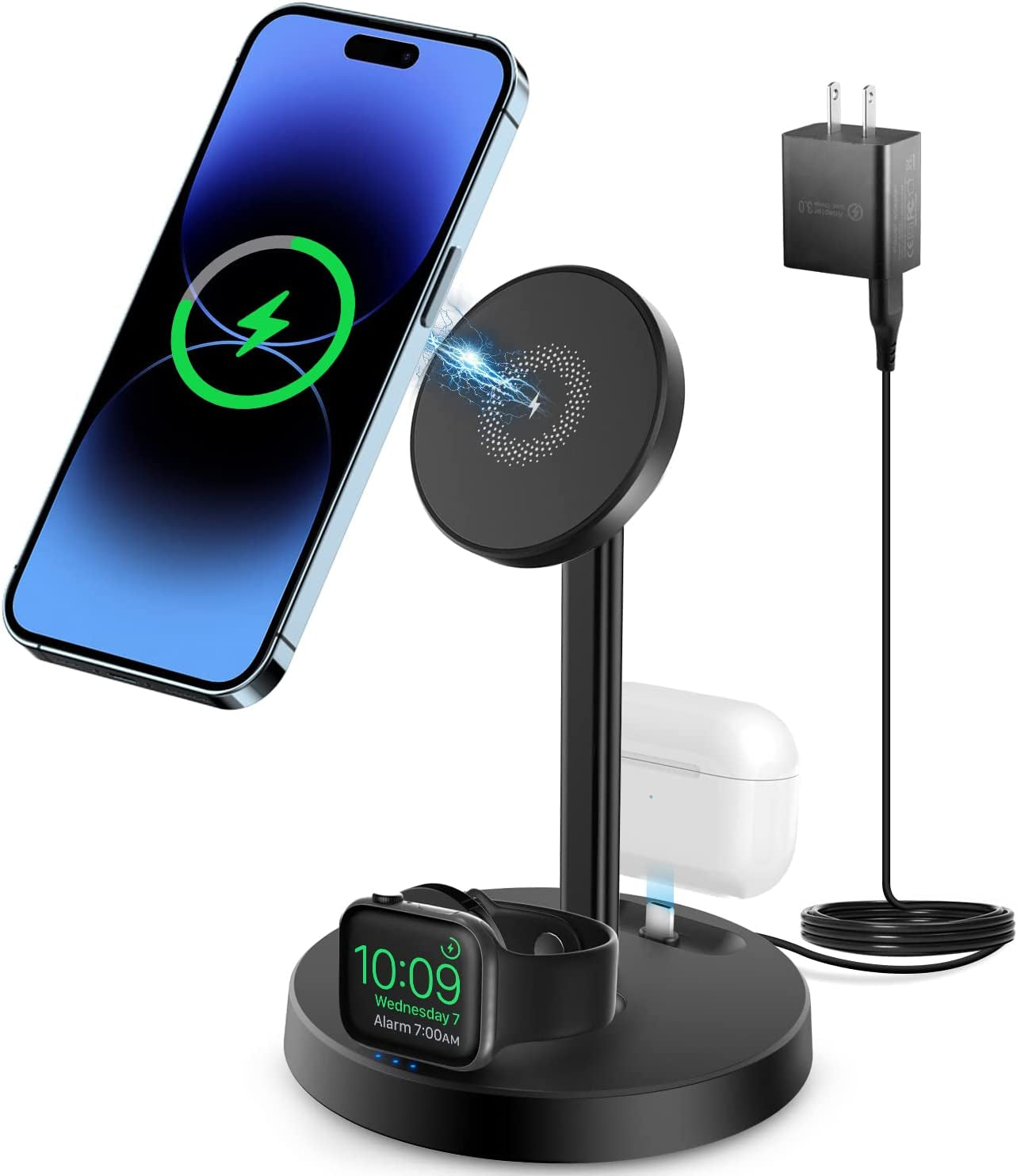 Mag-Safe 3 in 1 Wireless Charging Station, 15W Fast Magnetic Wireless Charger Stand for Iphone 14/13/12Pro/Pro Max/Mini/Plus, Apple Watch Ultra/8/7/6/Se/5/4/3/2, Airpods 3/2/1/Pro with QC3.0 Adapter  Guiartec   
