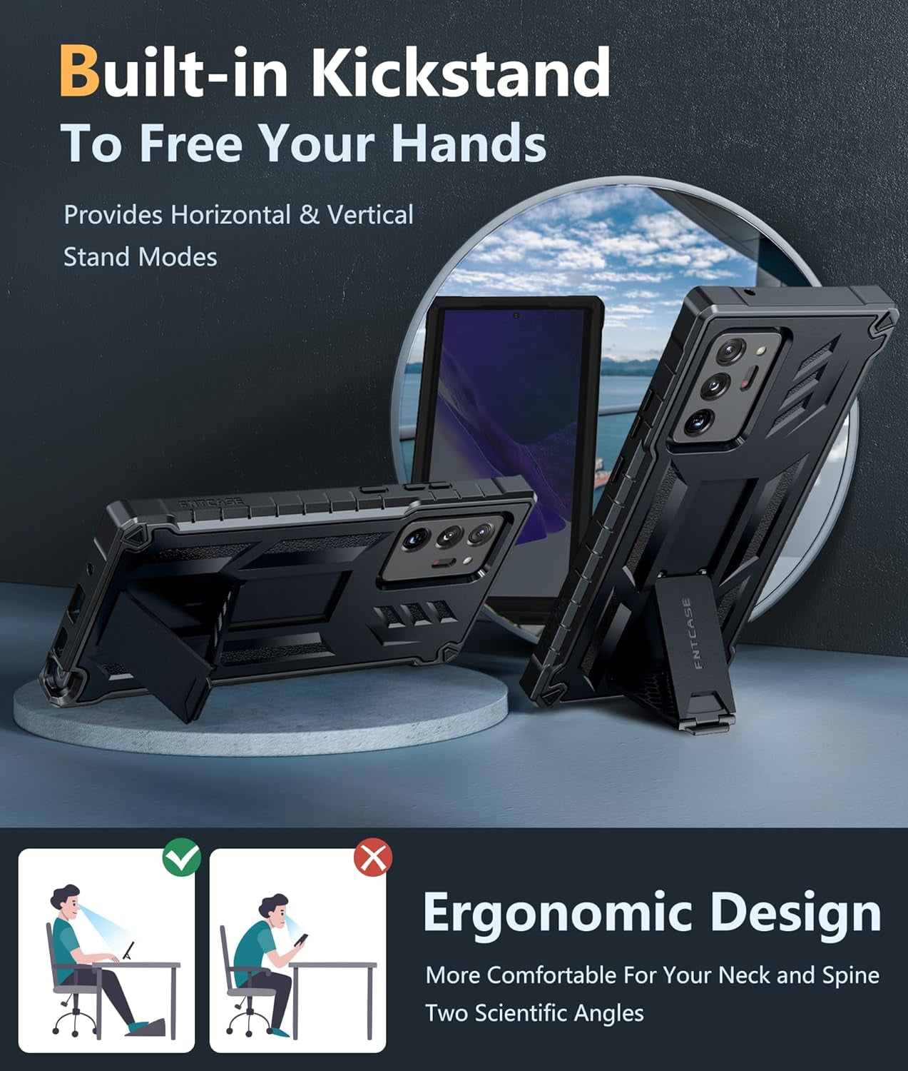 FNTCASE for Samsung Galaxy Note-20-Ultra Case: Military Grade Drop Proof Protection Phone Cover with Kickstand | Heavy Duty Shockproof Matte Textured Note20 Ultra 4G 5G Cases - 6.9 Inches Black  FNTCASE   