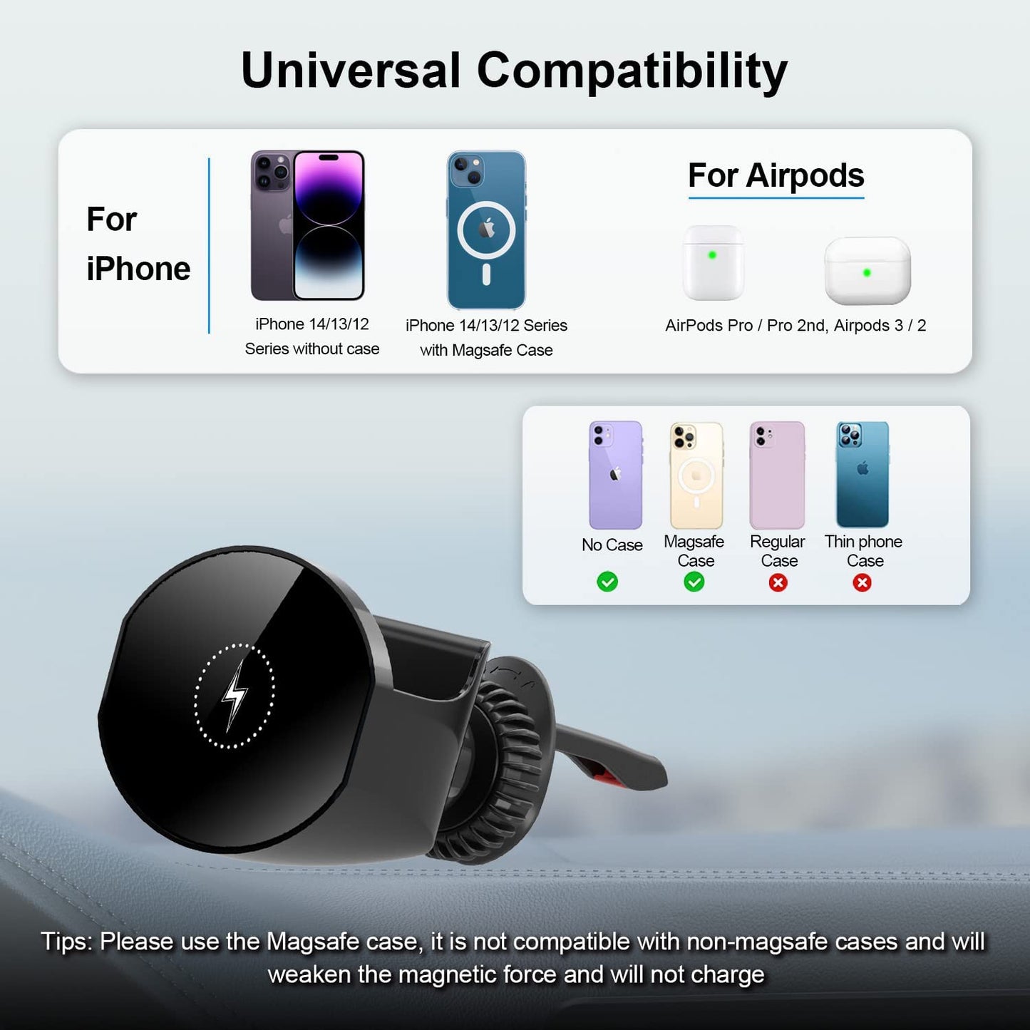 For Magsafe Car Mount Charger Iphone and Airpods Magnetic Wireless Car Charger,Car Phone Holder Mount Wireless Charging for Iphone 14 13 12 Pro plus Max Mini,Airpods 2Nd 3Rd  Shenzhen anxinwei Electronics Technolgoy Co., Ltd   
