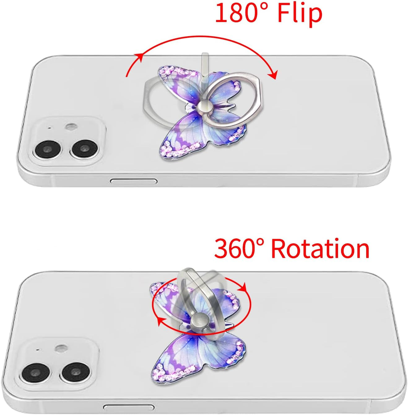 Bling Cute Butterfly Cell Phone Ring Holder with Crystal Rhinestone 360°Rotation Metal Finger Stand Kickstand Universal Compatible with Iphone Samsung Galaxy LG Google Ipad 2 Pack（Purple & Pink）  Walaivgne   