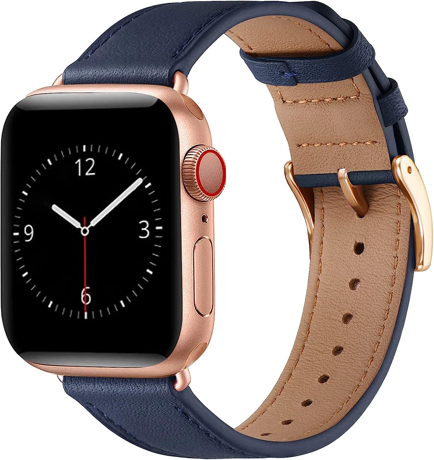 Lovrug Band Compatible with Apple Watch Band 44Mm 42Mm 38Mm 40Mm 41Mm 45Mm 49Mm Ultra SE2 SE Series 8/7/6/5/4/3/2/1 Genuine Leather Business Replacement Band Smart Watch Strap for Women Men  LovRug-US Dark blue/Rosegold 42mm/44mm/45mm 