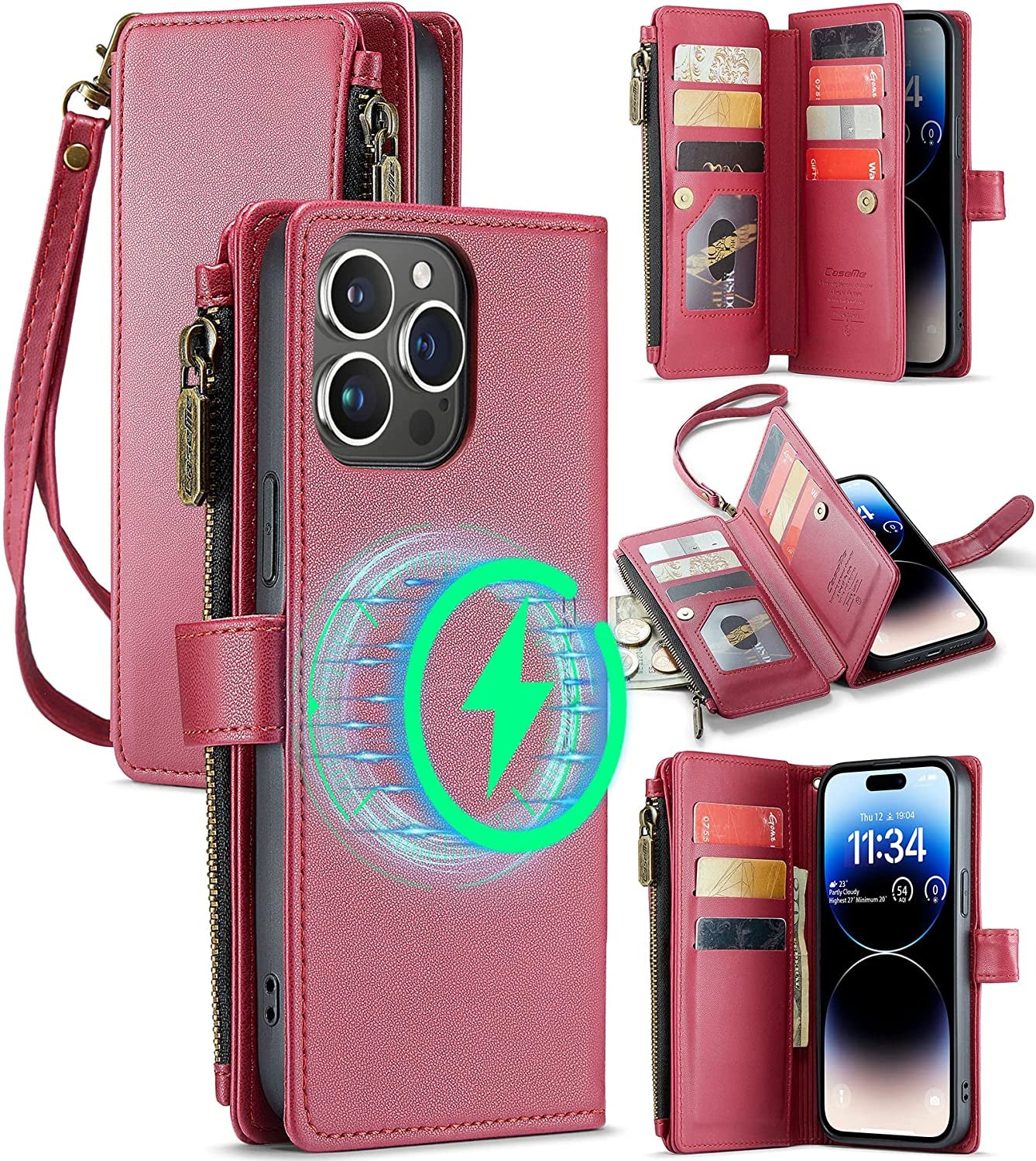 FLIPALM Wallet Case for Iphone 14 Pro(6.1") Flip Case,Compatible with Magsafe Charger,Pu Leather Zipper Protective Lanyard Strap Wristlet Case with Magnetic Closure and Card Holder Luxury Coffee  FLIPALM Rose Red iPhone 14 Pro Max 