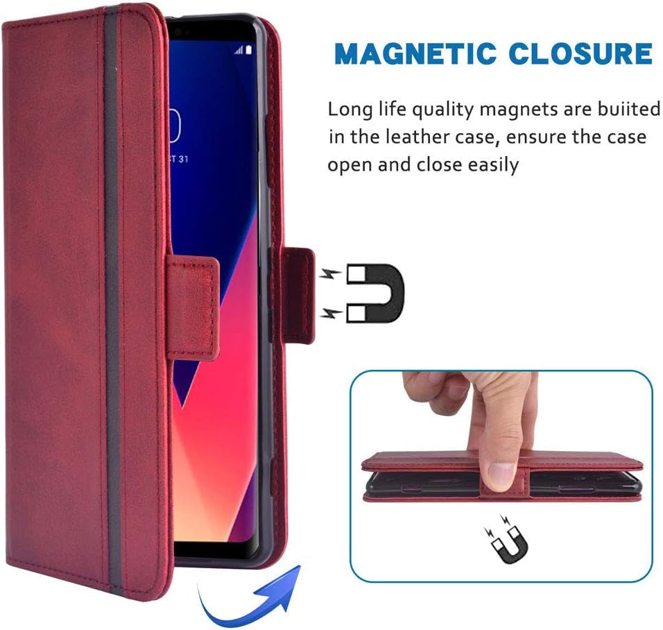 Phone Case for LG V30 Thinq V35 plus Leather Wallet Cases with Tempered Screen Protector Accessories Card Holder Full Body Flip Folio Cover LGV30 LGV35 LG30 LG35 V 30 35 V30+ V30S H931 Women Men Red  FDC   