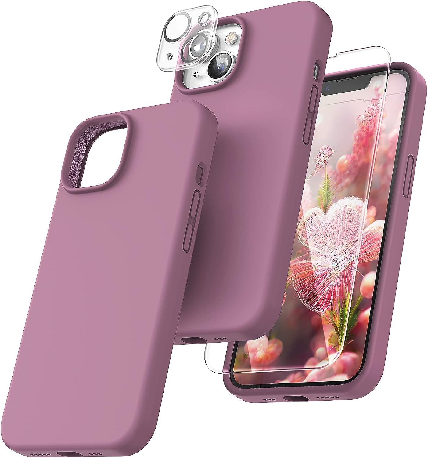 TOCOL 5 in 1 for Iphone 14 plus Case, 2X Screen Protector + 2X Camera Lens Protector, Slim Liquid Silicone Phone Case for Iphone 14 plus 6.7 Inch, [Anti-Scratch] [Drop Protection], Canary Yellow  TOCOL Lilac Purple  