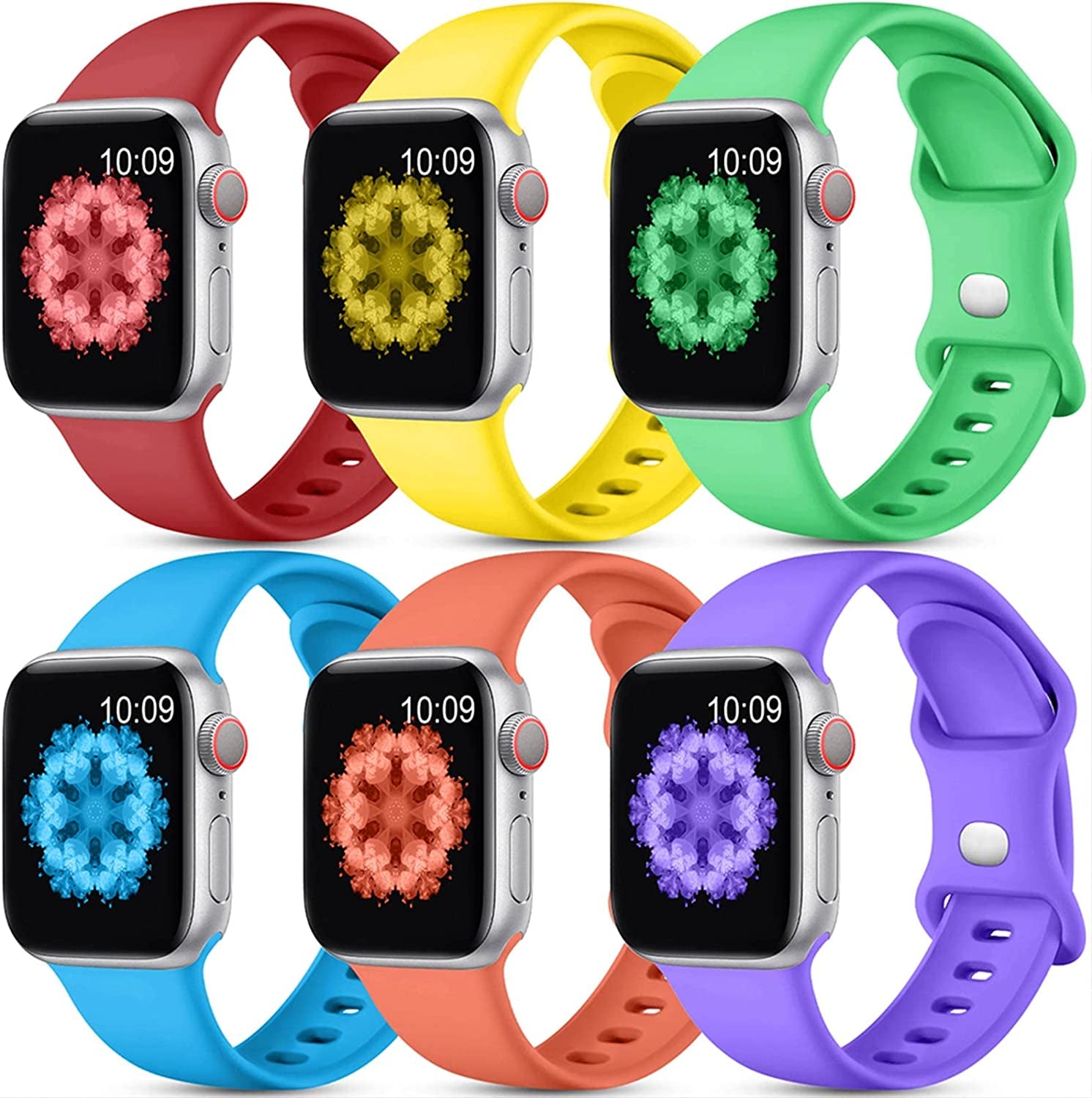 SNBLK [6 Pack] Compatible with Apple Watch Band 38Mm 40Mm 41Mm 42Mm 44Mm 45Mm 49Mm for Women Men, Soft Silicone Wrist Bands Sport Strap Compatible for Iwatch Series 8 7 6 5 4 3 2 1 SE Ultra  SNBLK Red/Coral/Yellow/BrigtGreen/BrigtBlue/BrightPurple 38mm/40mm/41mm 