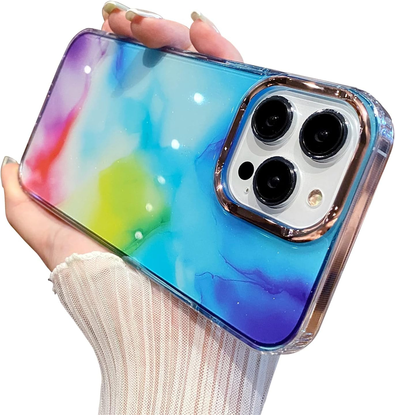 Uioeua Compatible with Iphone 14 Pro Max Case for Women Girls,Luxury Shiny Fashion Gradient Glitter Bling Cute Clear Acrylic Plate Shockproof Case for Iphone 14 Pro Max(Gradient Purple)  Uioeua Colorful Rainbow  