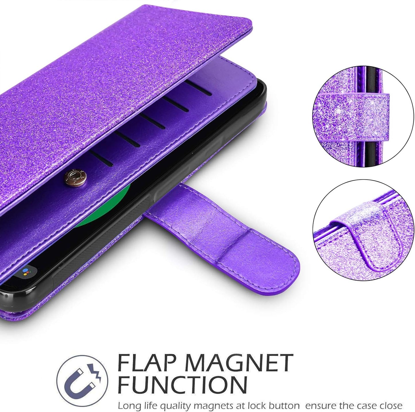 Newseego Compatible Google Pixel 5 Leather Case 6Inch,Glitter Faux PU Leather Magnetic Closure Multi-Credit Card Slot Cash Holder Detachable 2 in 1 Wallet Cover with Wrist Strap-Purple  Newseego   