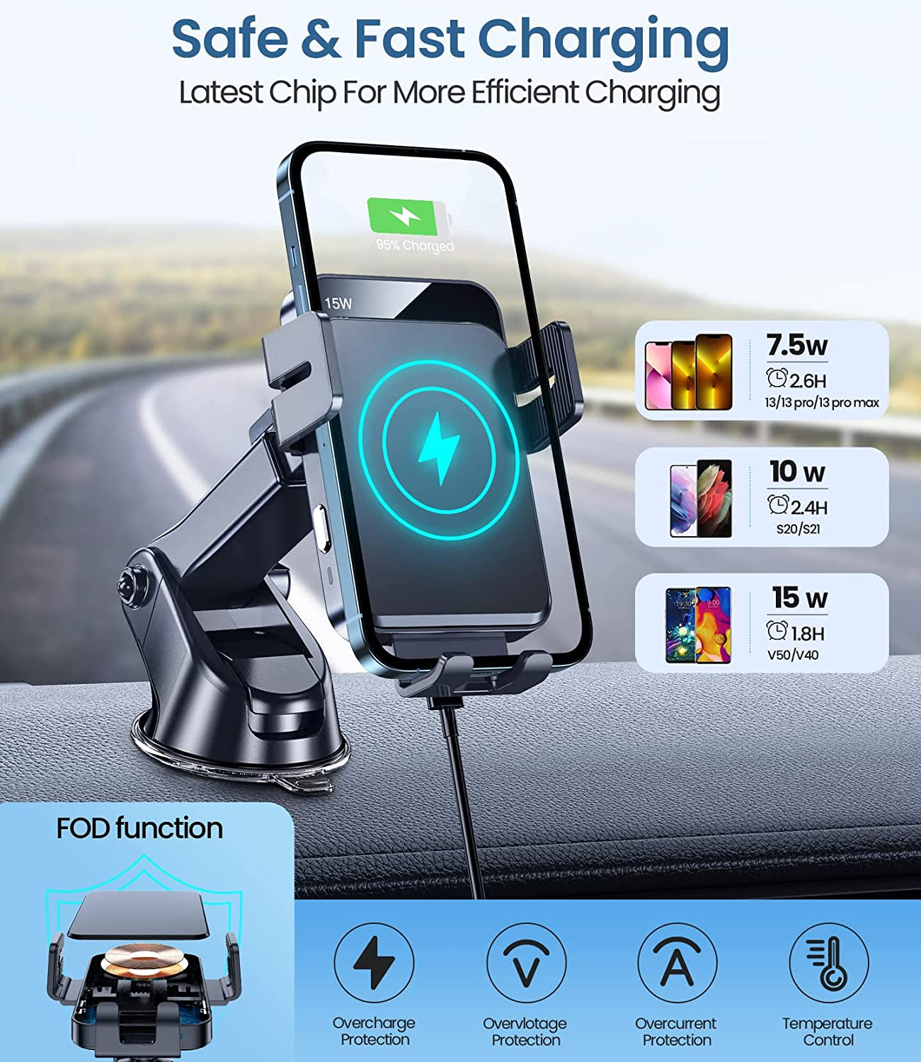 Wireless Car Charger, MOKPR 3 In1 Long Arm Car Mount, 15W Auto Clamping Car Charger Dash Windshield Air Vent Phone Holder Compatible with Iphone 14/13/13 Pro/12 Pro/12/11/X/8, Samsung S23/S22/S21,Etc  MOKPR   