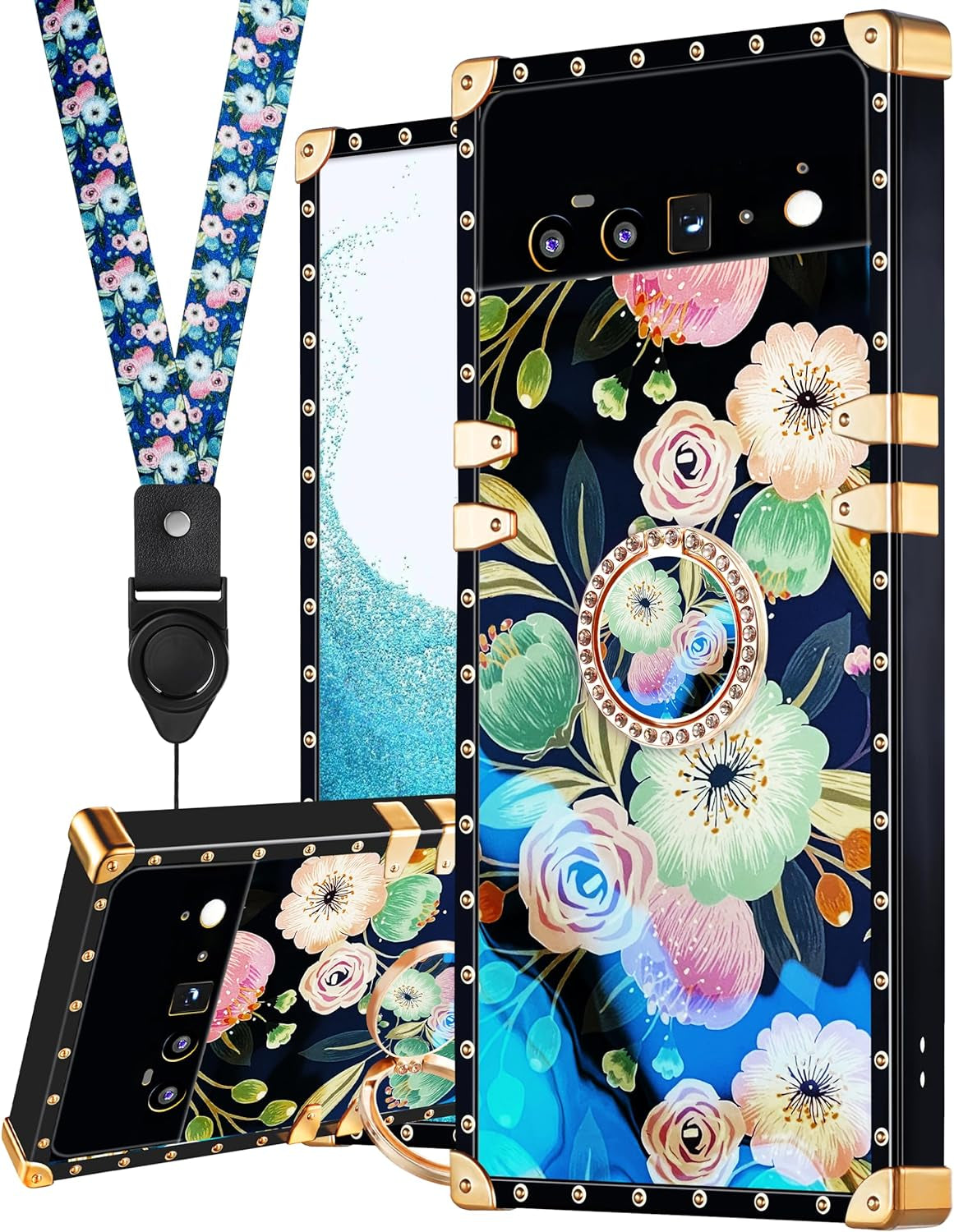 Loheckle for Pixel 6 Pro Case for Women, Designer Square Cases for Google Pixel 6 Pro with Ring Stand Holder and Lanyard, Stylish Bees Luxury Cover for Pixel 6 Pro 6.7 Inch  Loheckle Flowers  