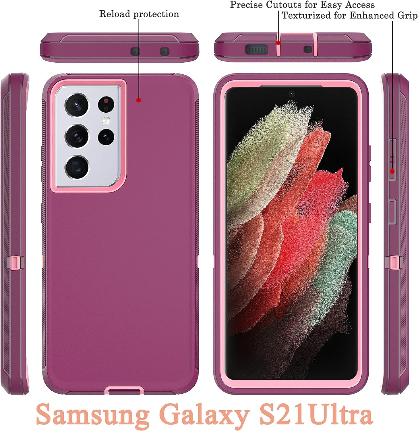 Ymhxcy Galaxy S21 Ultra Case with Self Healing Flexible TPU Film[2 Pack] and Camera Lens Screen Protective Film[2 Pack], Heavy Protection Cover for Samsung Galaxy S21 Ultra-Wine Red and Rose Pink  YmhxcY   