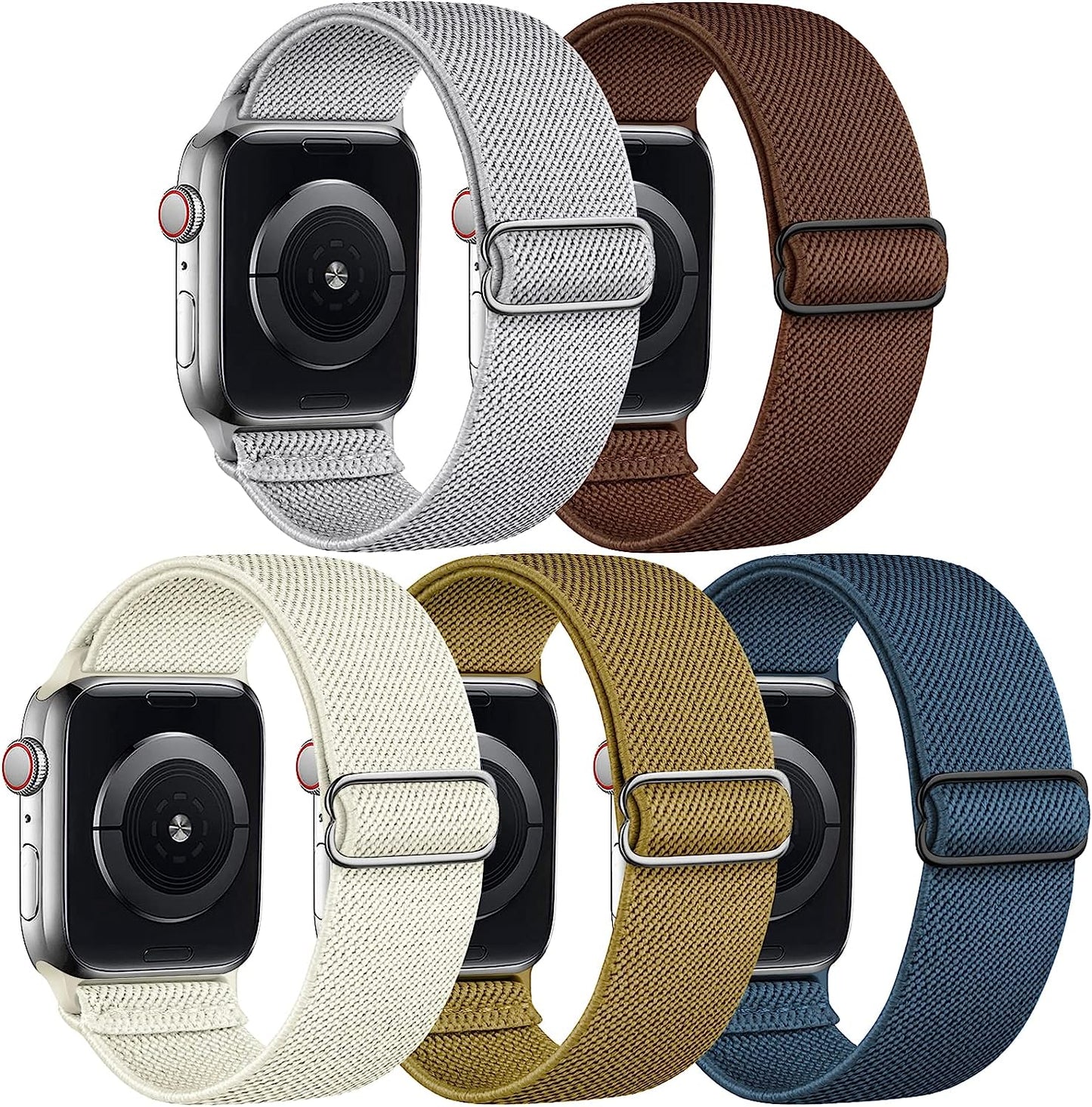 Cangroo 5 Pack Stretchy Nylon Bands Compatible with Apple Watch Band 38Mm 40Mm 41Mm 42Mm 44Mm 45Mm 49Mm for Women Men, Elastic Solo Loop Braided Wristbands for Iwatch SE Ultra Series 8 7 6 5 4 3 2 1  Cangroo Light Grey/Brown/Starlight/Olive/Pacific Blue 42mm/44mm/45mm/49mm 