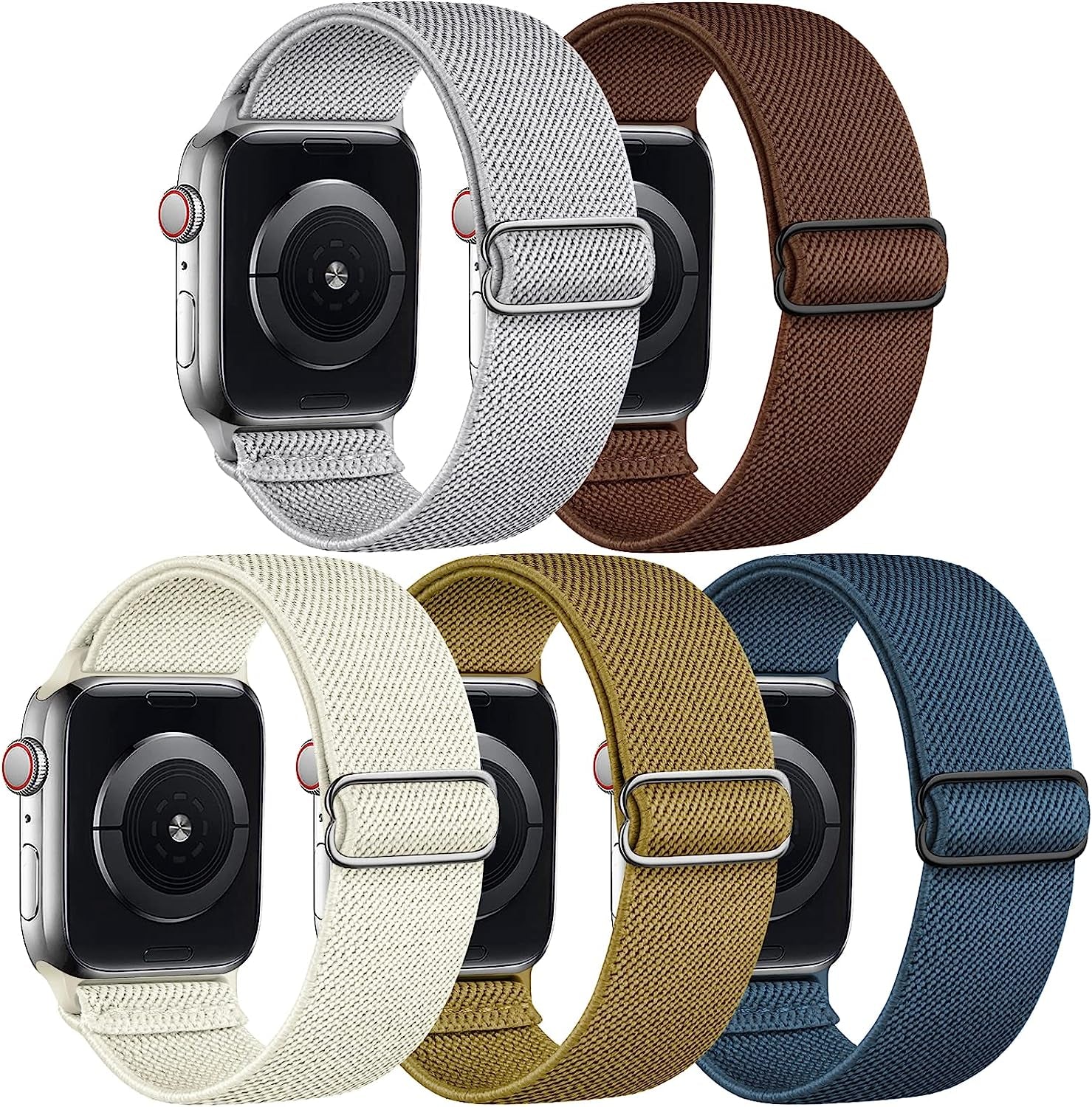 Cangroo 5 Pack Stretchy Nylon Bands Compatible with Apple Watch Band 38Mm 40Mm 41Mm 42Mm 44Mm 45Mm 49Mm for Women Men, Elastic Solo Loop Braided Wristbands for Iwatch SE Ultra Series 8 7 6 5 4 3 2 1  Cangroo Light Grey/Brown/Starlight/Olive/Pacific Blue 42mm/44mm/45mm/49mm 