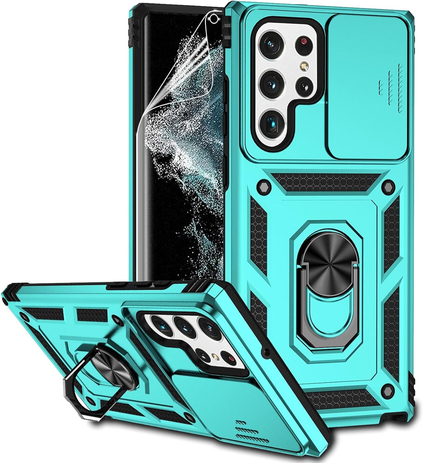 For Samsung Galaxy S22 Ultra Case with Camera Lens Cover HD Screen Protector, Military-Grade Drop Tested Magnetic Ring Holder Kickstand Protective Phone Case for Samsung Galaxy S22 Ultra 5G (Purple)  JINZHI Inc Mint With Camera Cover Military-Grade 2Nd Gen  