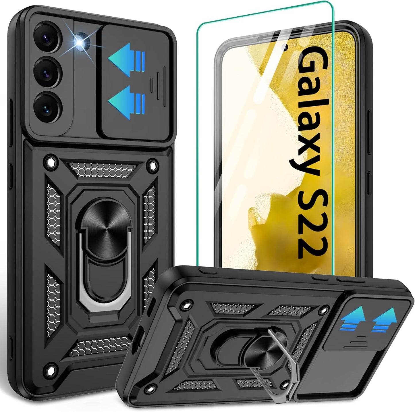 Gritup Galaxy S22 Case, Samsung Galaxy S22 Case with HD Screen Protector, [Military Grade] Shockproof Protection Case with 360° Magnetic Ring Holder Kickstand Phone Case for Samsung S22 (Blue-1)  Gritup 1-Black  