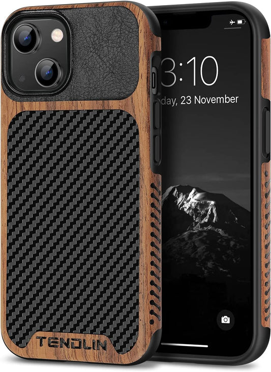 TENDLIN Compatible with Iphone 14 Case Wood Grain with Carbon Fiber Texture Design Leather Hybrid Slim Case Black  TENDLIN   