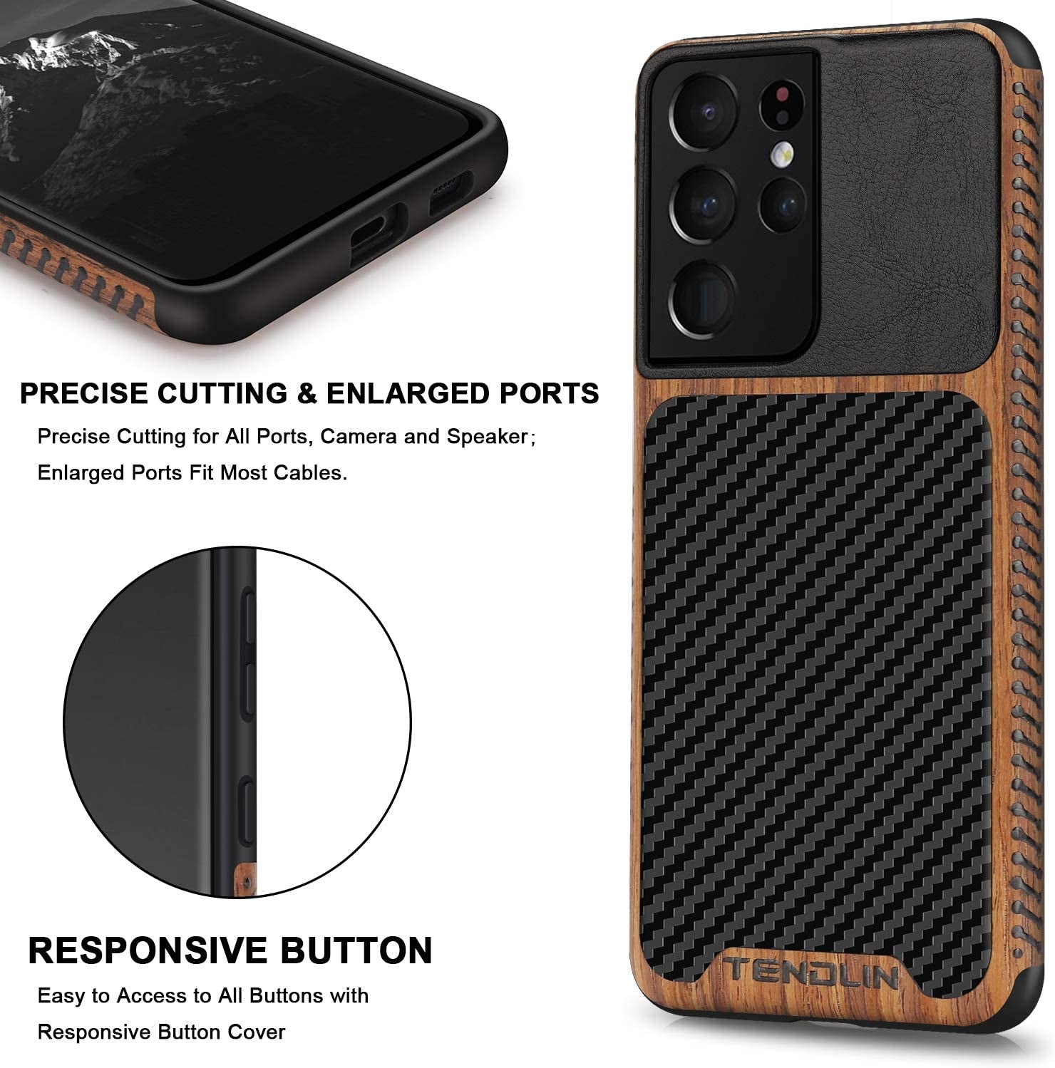 TENDLIN Compatible with Samsung Galaxy S21 Ultra Case Wood Grain with Carbon Fiber Texture Design Leather Hybrid Case (Black)  TENDLIN   