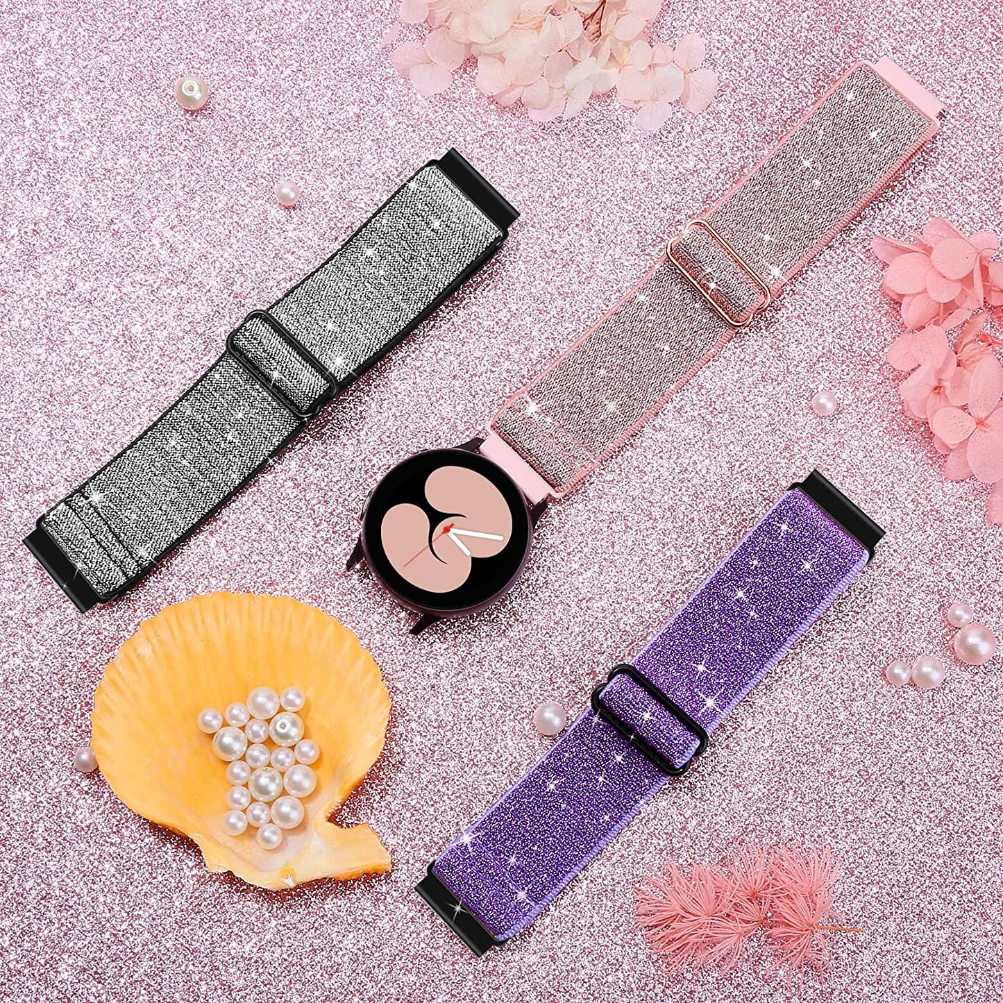 3 Pack Stretchy Watch Bands Compatible with Samsung Galaxy Watch 5 40Mm 44Mm/ Watch 5 Pro 45Mm/ Samsung Galaxy Watch 4 44Mm 40Mm/ Watch 4 Classic 46Mm 42Mm, 20Mm Elastic Nylon Band for Women(Ppb)  ZSMJ   