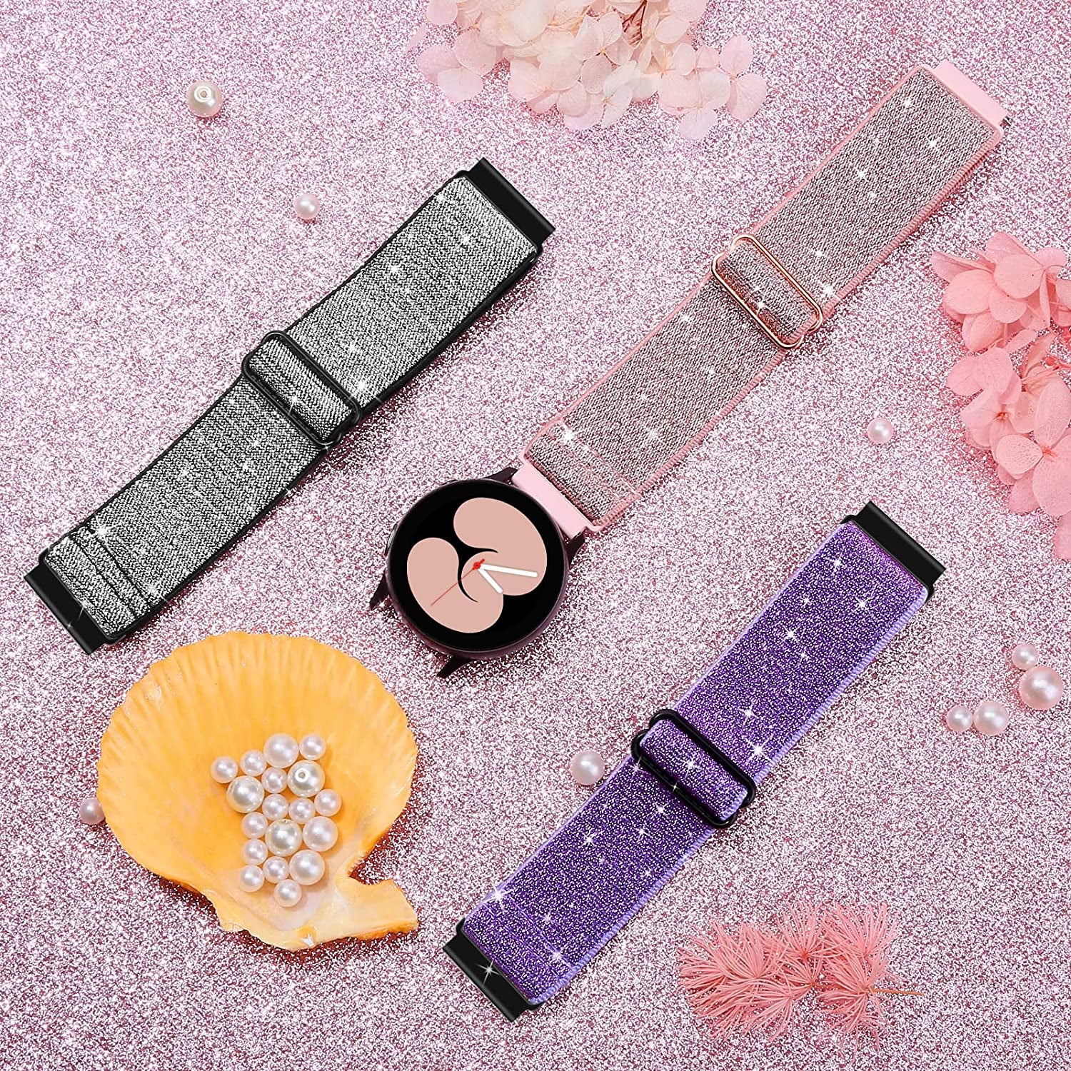 3 Pack Stretchy Watch Bands Compatible with Samsung Galaxy Watch 5 40Mm 44Mm/ Watch 5 Pro 45Mm/ Samsung Galaxy Watch 4 44Mm 40Mm/ Watch 4 Classic 46Mm 42Mm, 20Mm Elastic Nylon Band for Women(Ppb)  ZSMJ   