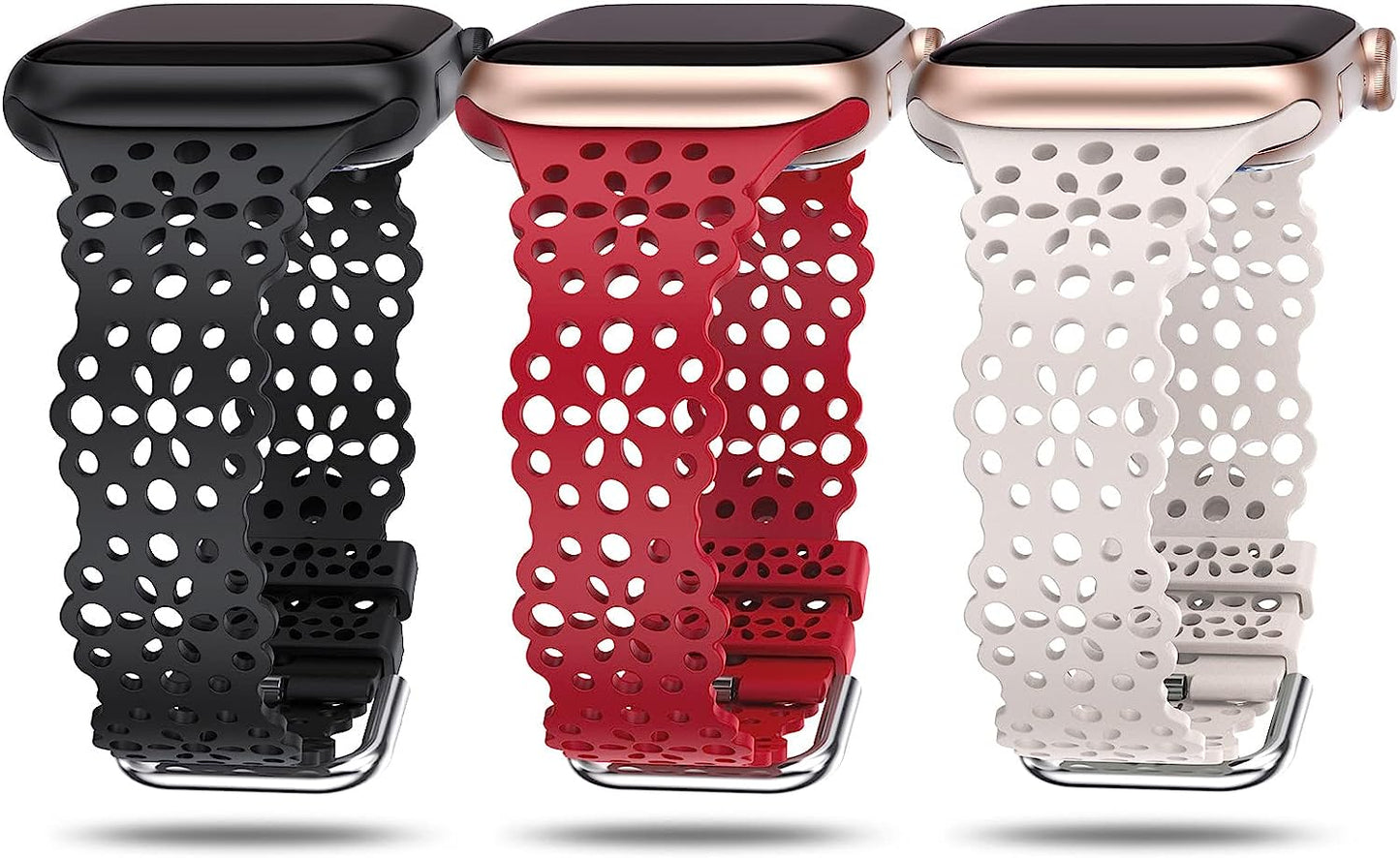 TOYOUTHS Compatible with Apple Watch Band Women 41Mm 40Mm 38Mm Soft Stretchy Silicone Lace Flower Cut-Outs Scalloped Breathable Waterproof Lacy Band for Iwatch Series 8 7 6 5 4 3 2 1 SE  TOYOUTHS Black/Starlight/Wine 41/40/38mm 