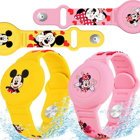 2 Pack Airtag Bracelet for Kids, Waterproof Cute Cartoon Air Tag Holder with Watch Band Design, Full Coverage Anti-Lost Silicone Airtag Hidden Accessories for Child, Healthy Material Pink + Yellow  ZHOC   