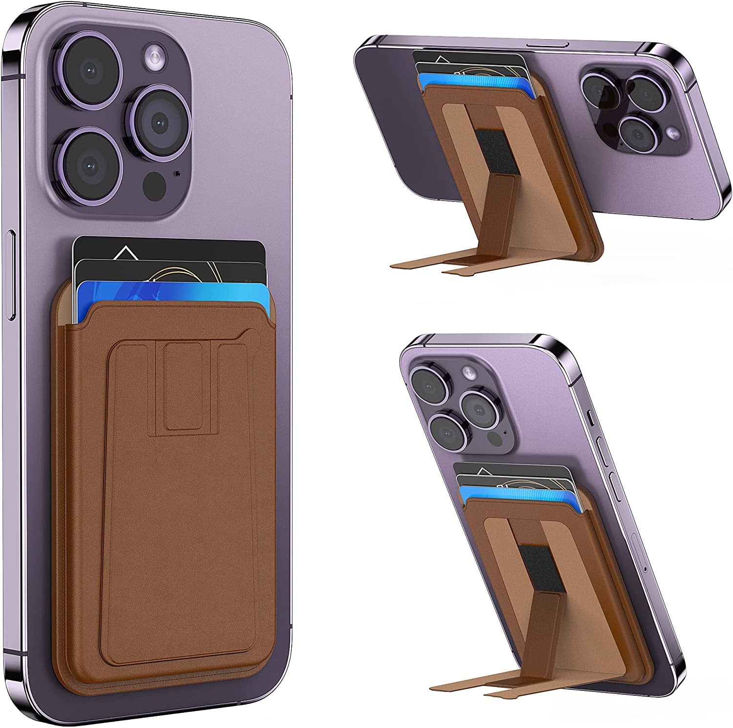 GANSBOL Magnetic Card Wallet Holder for Apple Magsafe,2-In-1 Leather Magsafe Wallet Stand for Iphone 12/13/14 Series,Magsafe Wallet for Back of Iphone,Fit 3-4 Cards,Light Purple  GANSBOL Brown  