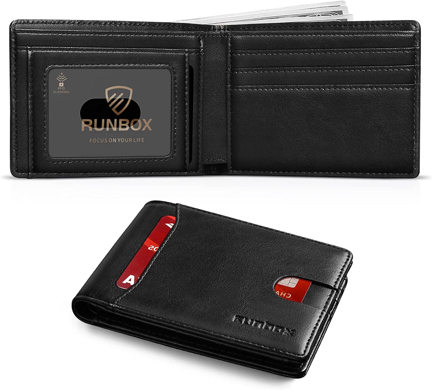 RUNBOX Bifold Slim Wallet for Men - Rfid Blocking Leather Front Pocket Men'S Wallet with Gift Box  RUNBOX 1 oil black  