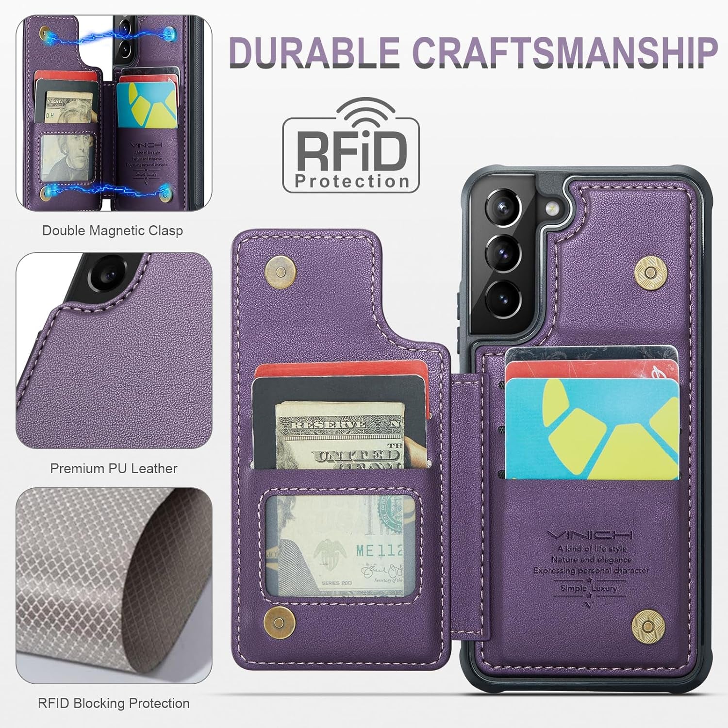 Vinich Samsung Galaxy S21 plus Case with Card Holder, Samsung S21 plus Wallet Case for Women Men with RFID Blocking, Durable Leather Kickstand Shockproof Phone Case for Galaxy S21 plus 5G, Purple  Vinich   