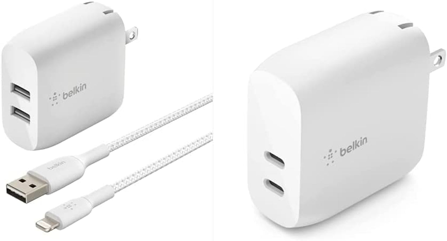 Belkin 24W Dual Port USB Wall Charger - Iphone Fast Charging - USB Charging Block for Power Bank, Iphone 14, Iphone13, Iphone 12, Iphone 11, Ipad Pro, Samsung & More, Iphone Cable Not Included  Belkin Includes Braided Lightning Cable Charger + Wall Charger 