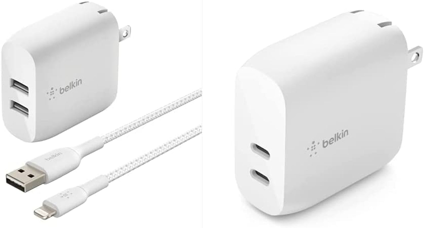 Belkin 24W Dual Port USB Wall Charger - Iphone Fast Charging - USB Charging Block for Power Bank, Iphone 14, Iphone13, Iphone 12, Iphone 11, Ipad Pro, Samsung & More, Iphone Cable Not Included  Belkin Includes Braided Lightning Cable Charger + Wall Charger 