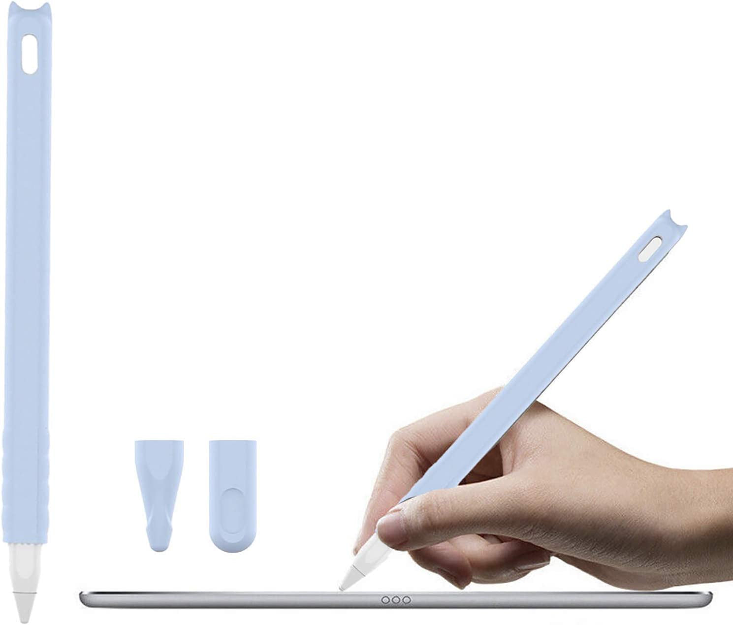 Silicone Case Apple Pencil 2Nd Generation Holder Sleeve Skin Pocket Cover Accessories Kit for Ipad Pro 11 12.9 Inch Cute Cat Soft Grip Pouch Cap Holder with 2 Protective Nib Covers (Teal Blue)  pm INC baby blue  