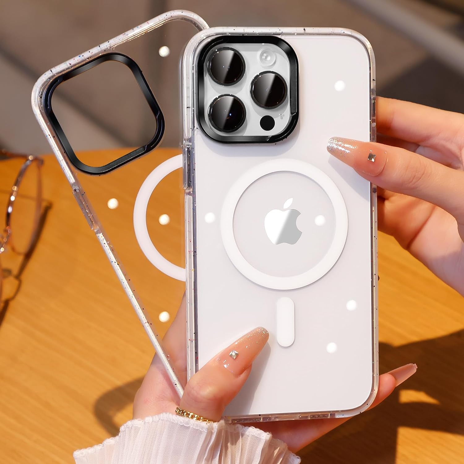 JUESHITUO for Iphone 14 Pro Max Case Magsafe with Glitter Shockproof Buffer Belt [Never Yellow] [10X Military Protection] [Screen Protector & Higher Camera Cover] Magnetic Clear Purple Back 6.7 Inch  JUESHITUO B-Glittery Clear  