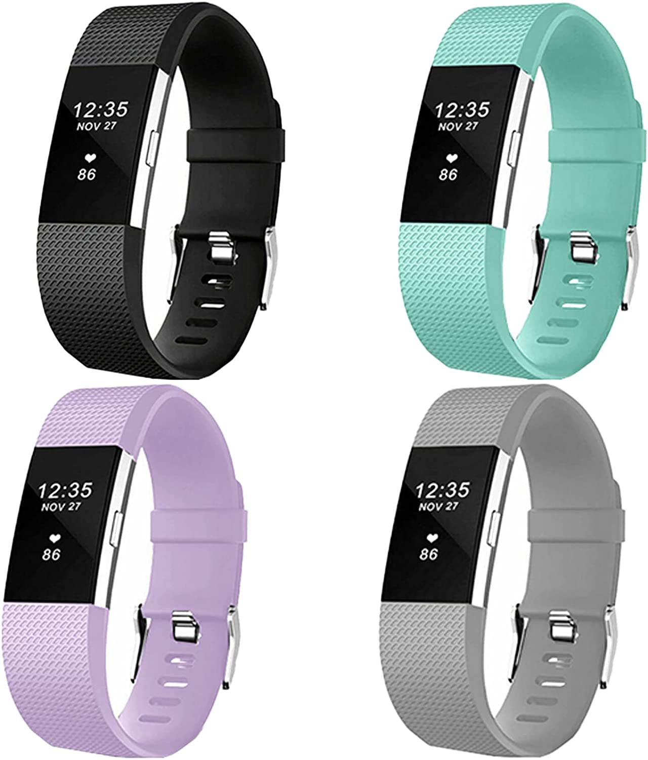 【4 Pack】 Bands for Fitbit Charge 2 Silicone Finess Sport Wristbands Replacement Bands for Fitbit Charge 2 for Women Men Large  Cone Black+Light grey+Light purple+Teal Large 