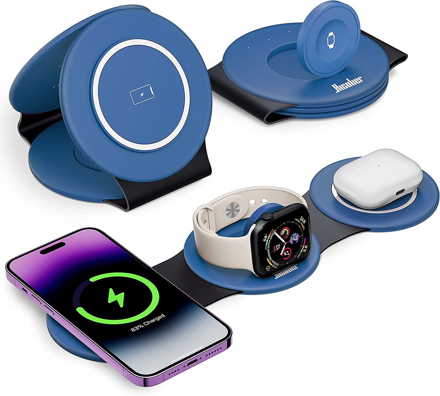 3 in 1 Charging Station for Apple Multiple Devices, Hicober Travel Wireless Charger for Magsafe Charger Foldable Stand Compatible for Apple Watch/Iwatch/Airpods/For Iphone 14 13 12 Pro Max Black  Dongguan weizhichuang Technology Co., Ltd Blue  
