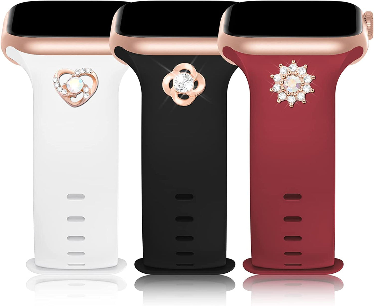 3 Pack Sport Band with DIY Charms Compatible with Apple Watch Bands 41Mm 40Mm 38Mm, Designer Soft Silicone Wristbands Replacement Strap for Iwatch Series SE 8 7 6 5 4 3 2 1 Utral for Women Men  Plesechde Black/White/Burgundy 42mm/44mm/45mm/49mm 