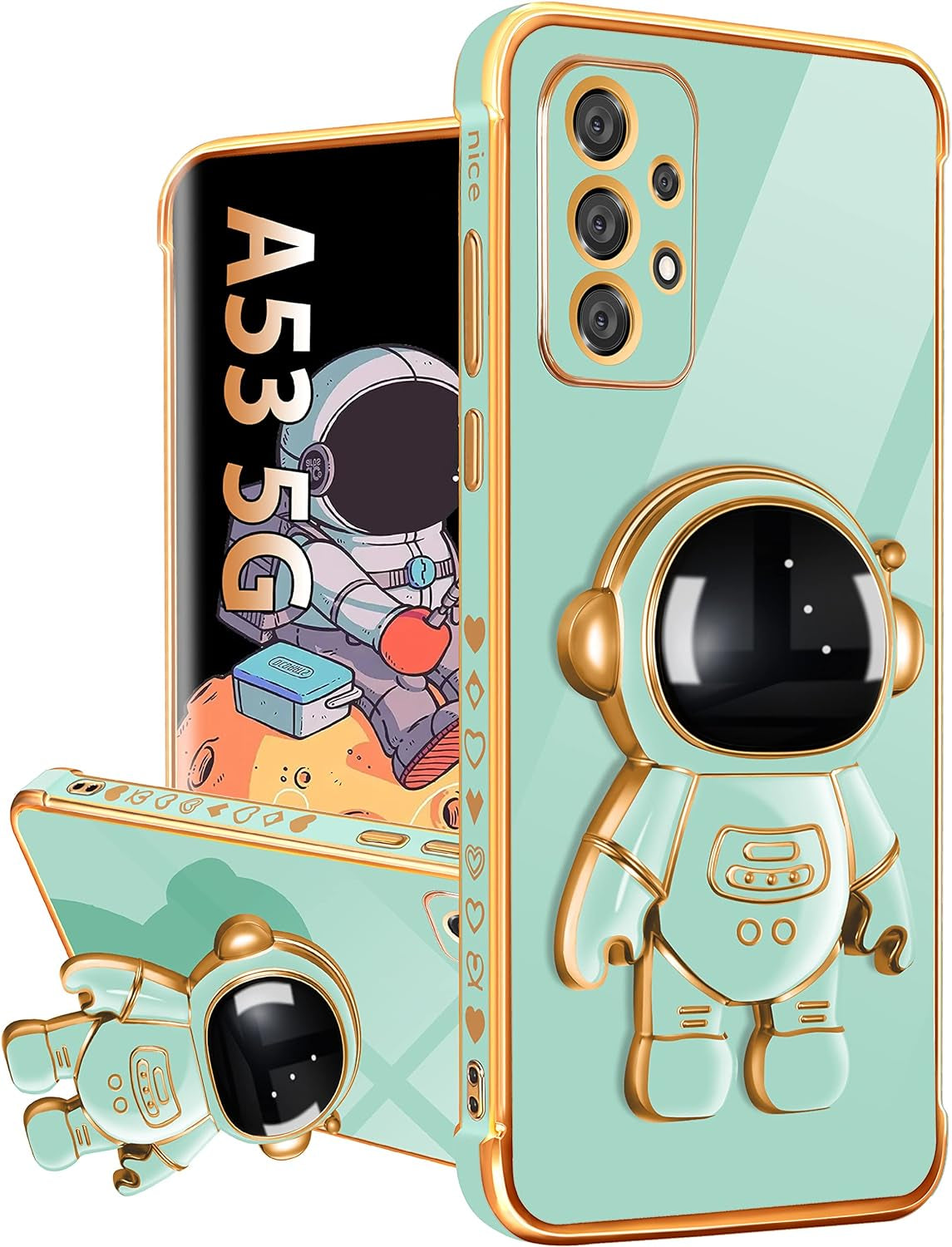 Buleens for Samsung A53 5G Case with Astronaut Stand, Women Girls Galaxy A53 5G Cases, Girly Cute 6D Outer Space Heart Pattern Phone Cover for Samsung Galaxy A53 5G Case 6.5 Inch White  Buleens Samsung Galaxy A53 5G-Mint Green  