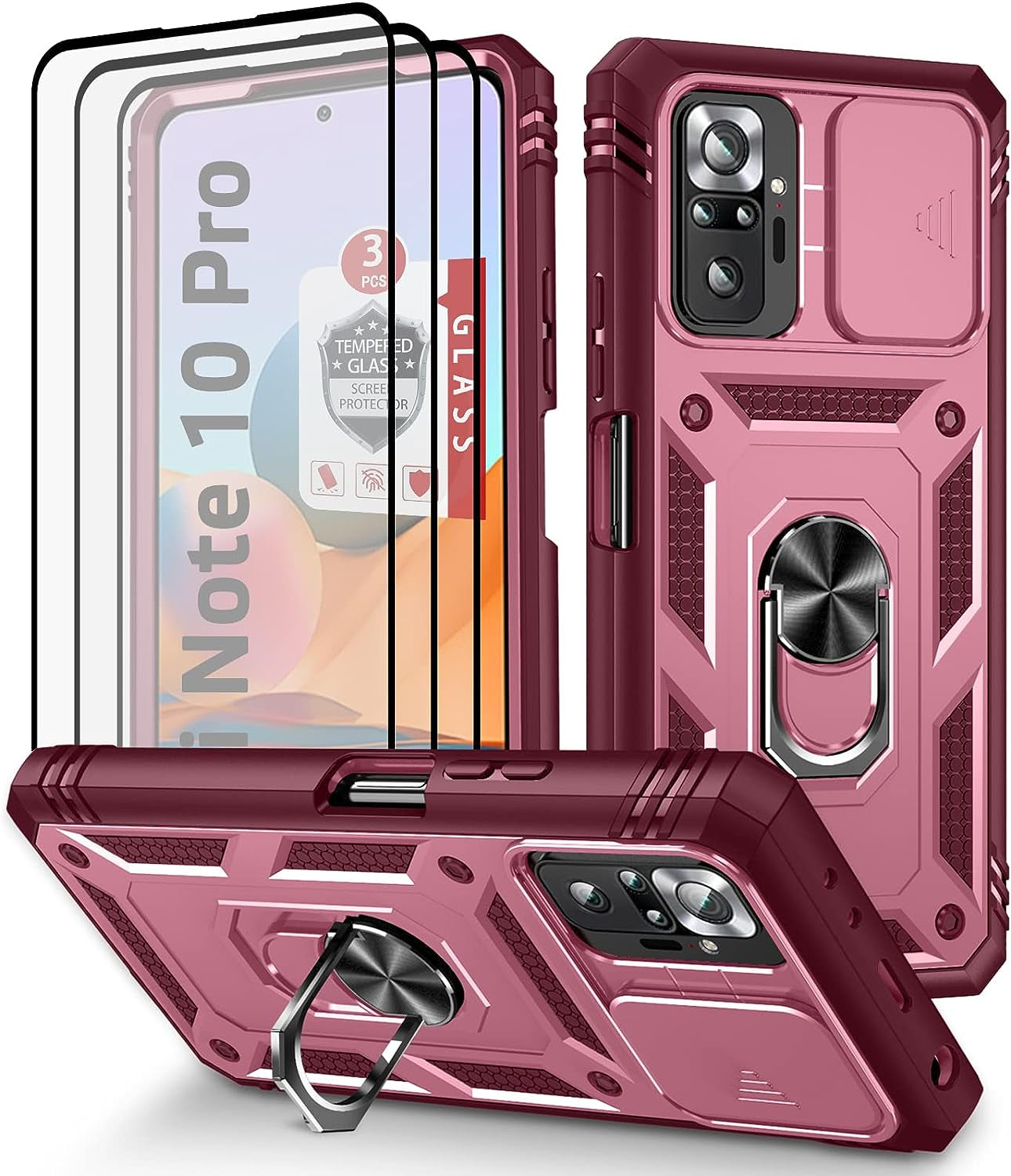 Xiaomi Redmi Note 10 Pro Case, Redmi Note 10 Pro MAX Case with 3 Pcs Tempered Glass Screen Protector Built in Ring Stand Kickstand + Camera Cover, Hard PC Soft TPU Defender Full Body Armor Case -White  ANOUKE Wine  