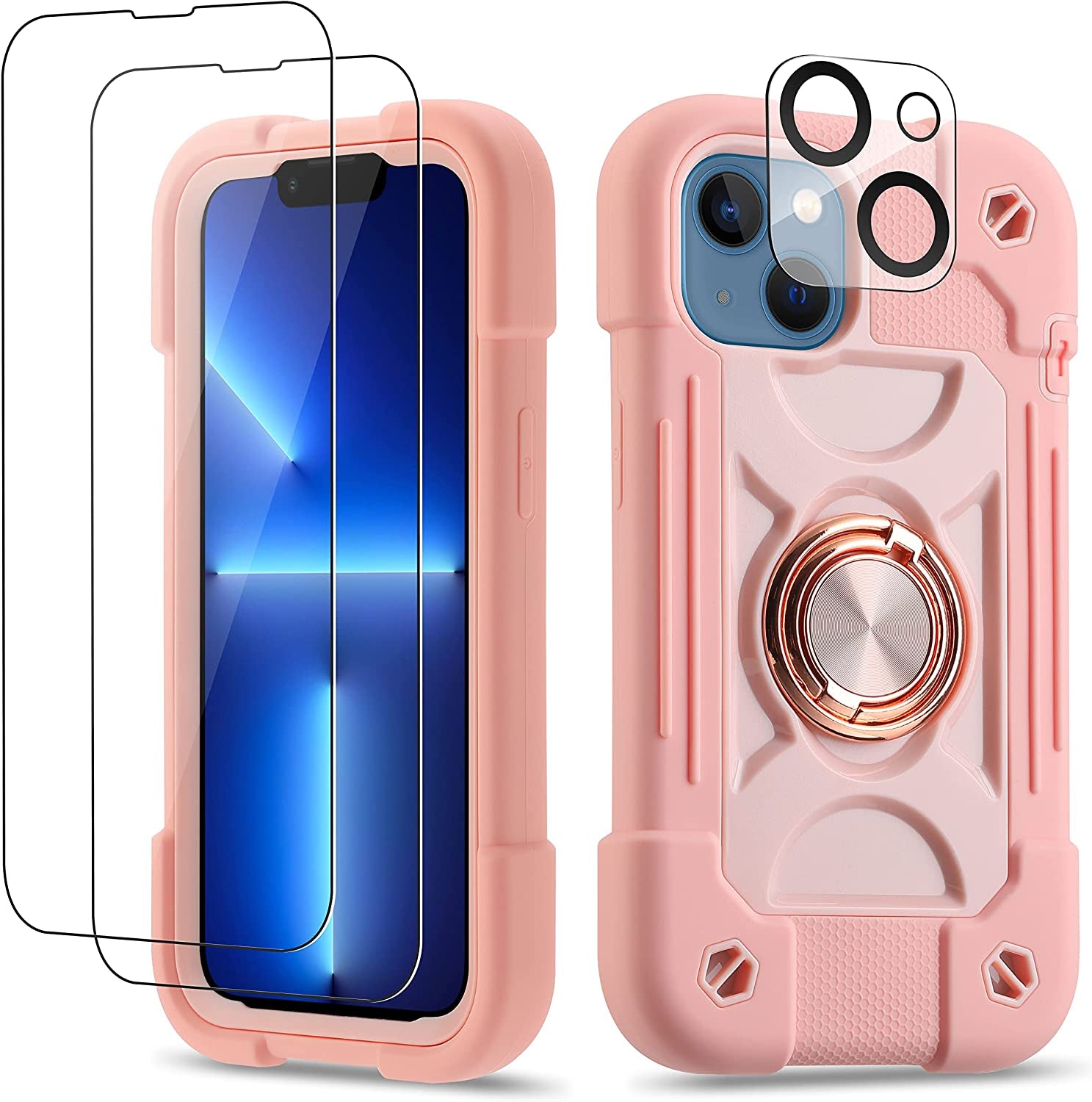 Cookiver for Iphone 14 Case/Iphone 13 Case Inch with Ring Stand, with 2 Pack Glass Screen Protector + 1 Pack Camera Lens Protector,Heavy-Duty Shockproof Military Grade Rugged Cover (Guava)  Cookiver Pink  