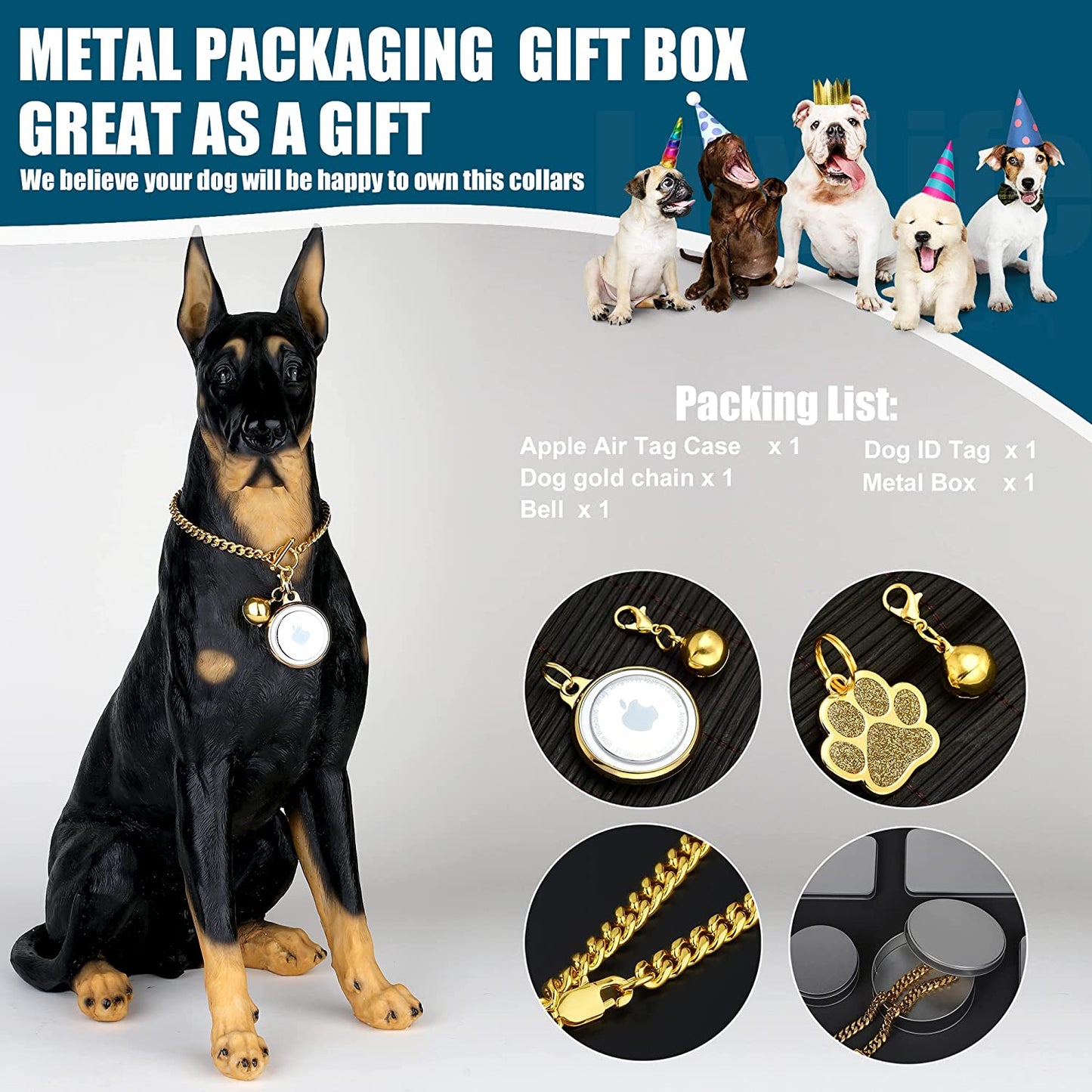 Idofas Airtag Dog Collar Holder Dog Airtag Holder Cuban Link Dog Chain 6Mm Gold Dog Chain with Bell,Dog Tag & Airtag Dog Collar Holder Stainless Steel Metal Necklace for Puppy Small Medium Dogs(12")  iDofas   